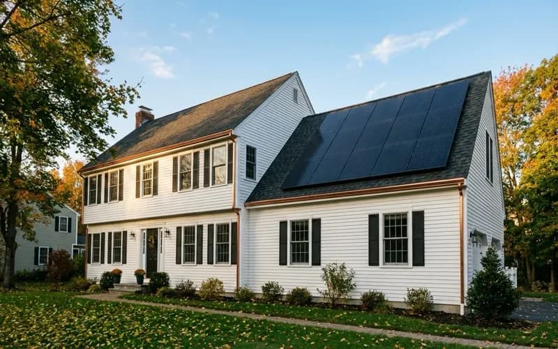 Colonial New England home after roof and solar installation