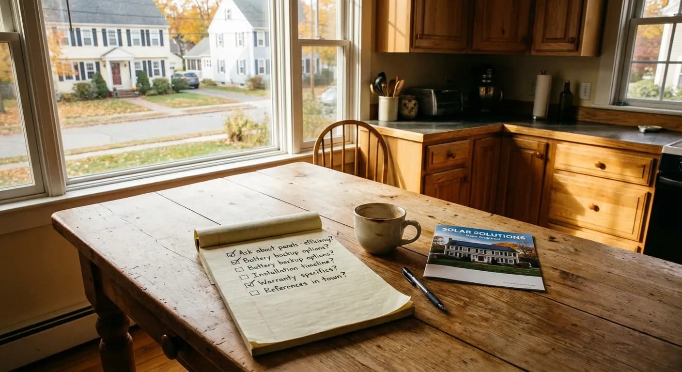 Homeowner notepad with checklist of solar consultation questions next to brochure and coffee