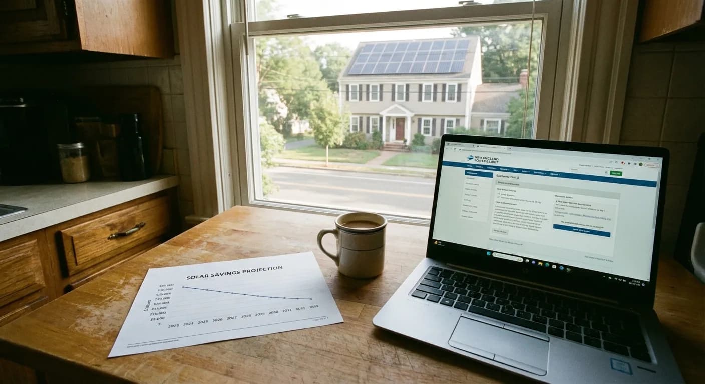 Solar savings projection chart on kitchen counter with laptop showing utility website