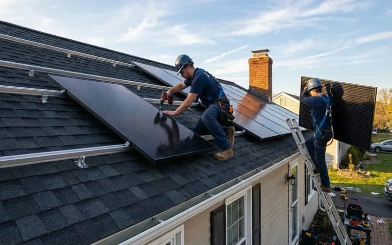 Solar installation crew working on a New England residential roof