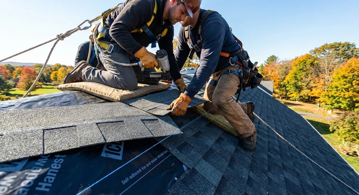 Professional roofer carefully installing architectural shingles with proper technique on a New England colonial roof