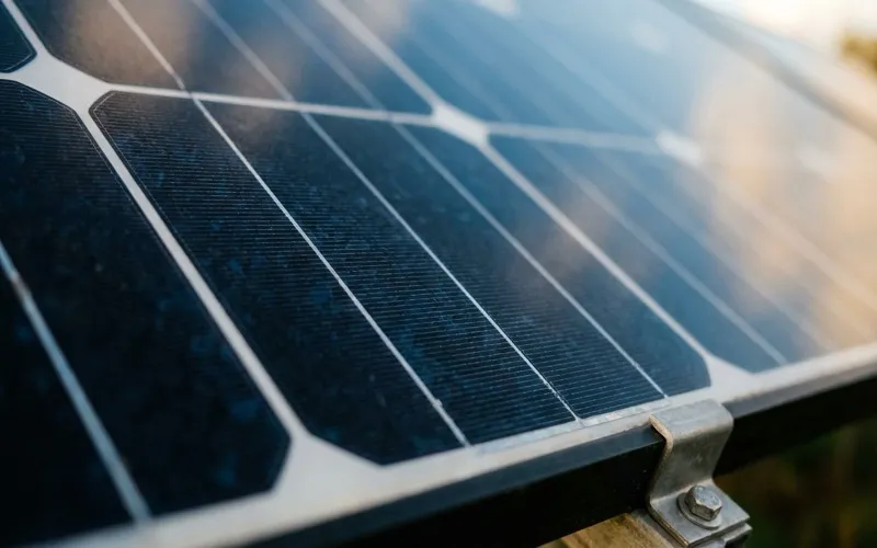 Close-up of dark monocrystalline solar panel cells in direct sunlight