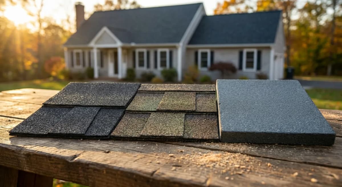 Three architectural roofing shingle samples in charcoal, weathered wood, and slate gray on a workbench