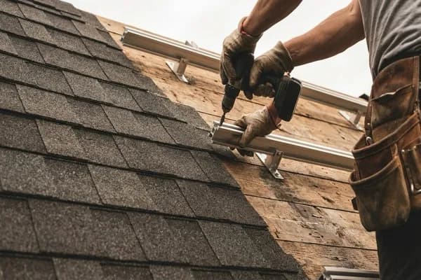 Roof installation in progress with solar panel mounting rails being installed
