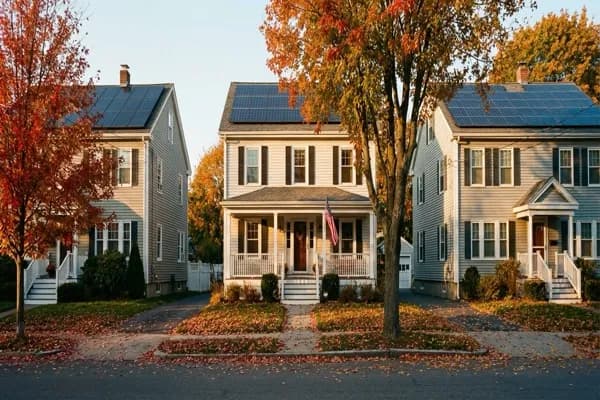Row of Massachusetts colonial homes with solar panels on autumn street