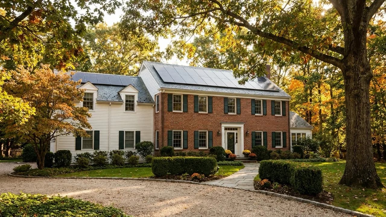 Connecticut suburban colonial home with solar panels in a wooded neighborhood