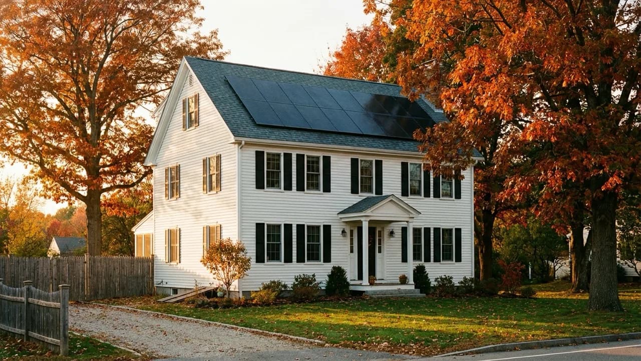 Classic New England colonial home with solar panels on the roof surrounded by autumn foliage