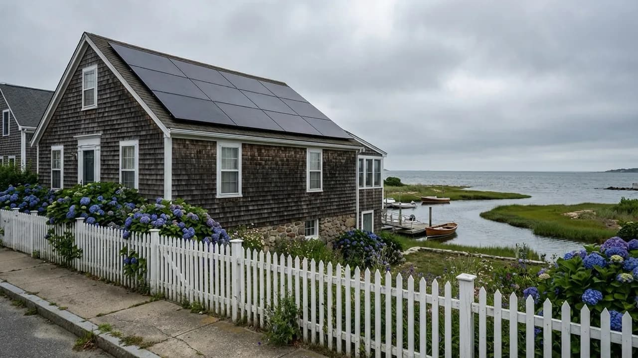 Charming Rhode Island coastal cottage with solar panels and white picket fence