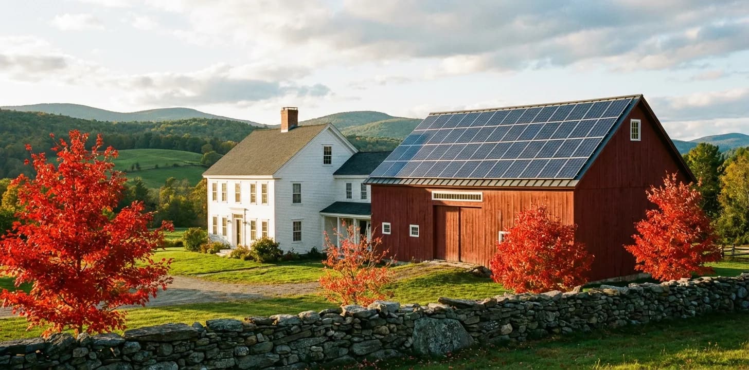 Vermont colonial farmhouse with solar panels and Green Mountains in the background during autumn