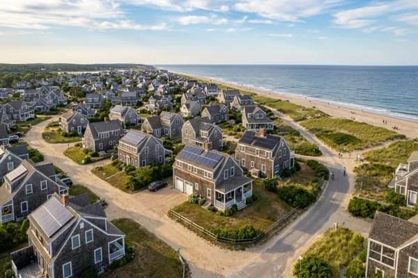 Aerial view of Cape Cod coastal homes with solar panels